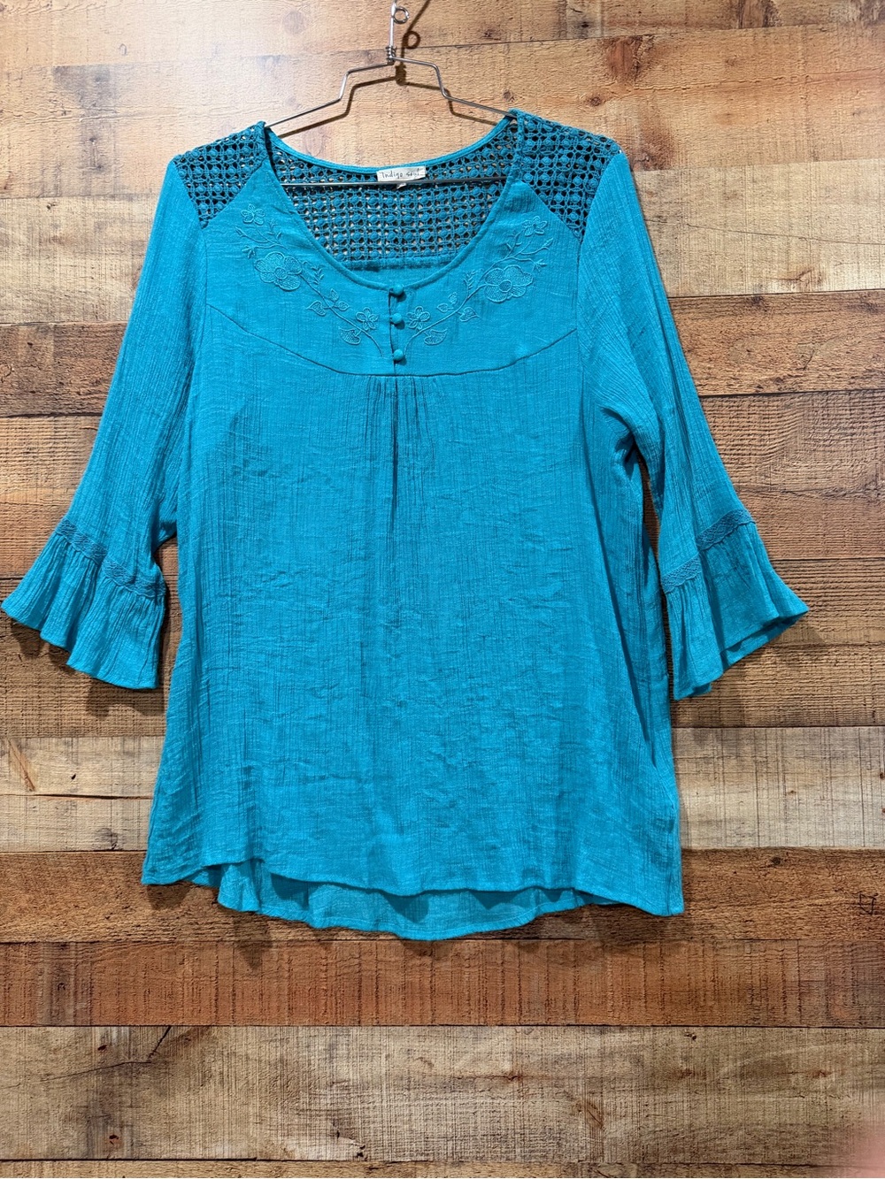 Indigo Soul Boho Crochet-Yoke Tunic in Turquoise Blue Size 2XL